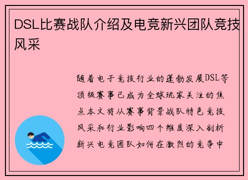 DSL比赛战队介绍及电竞新兴团队竞技风采