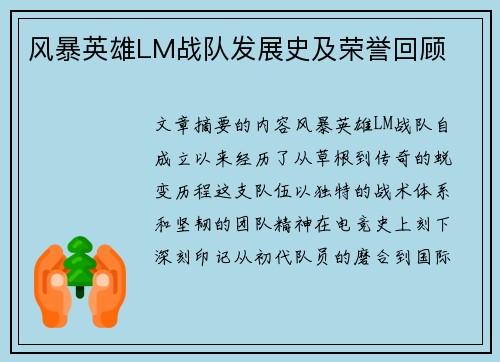 风暴英雄LM战队发展史及荣誉回顾